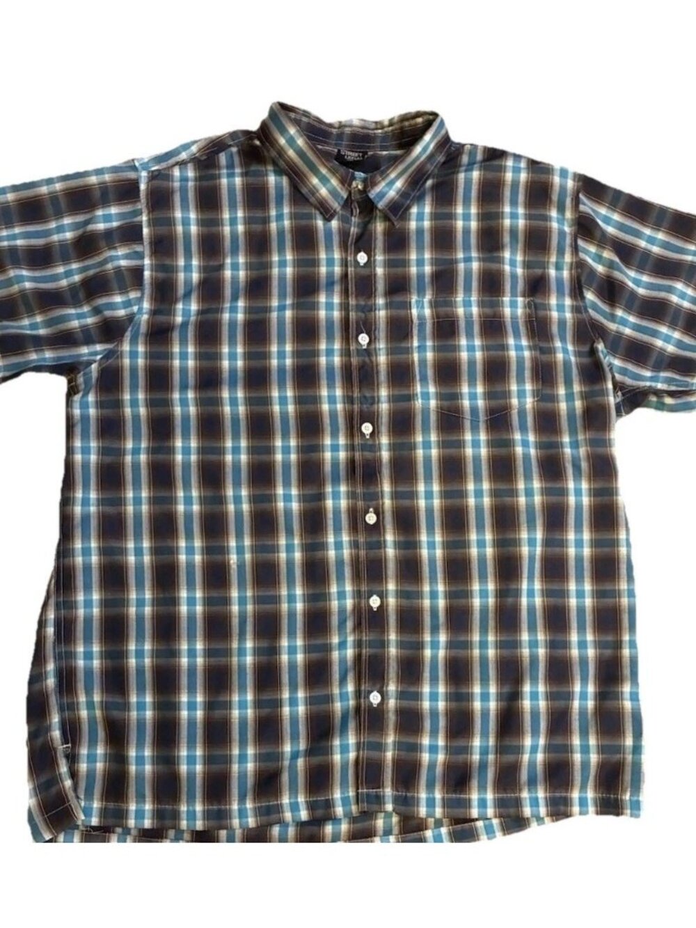 Street Legal Men's 2XL Plaid Button Up Shirt Short Sleeve Blue Brown Checked